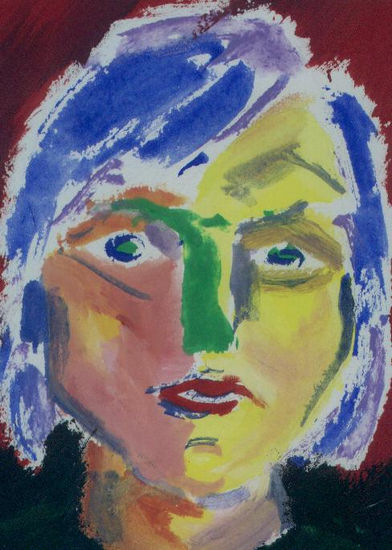 Mujer con pelo azul Gouache Paper Portrait