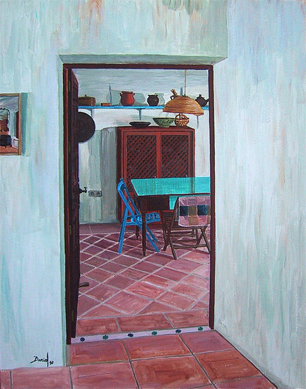 Interior con mesa y sillas Acrylic Paper Still Life Paintings