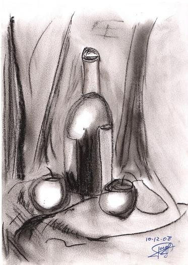 Botella y manzanas