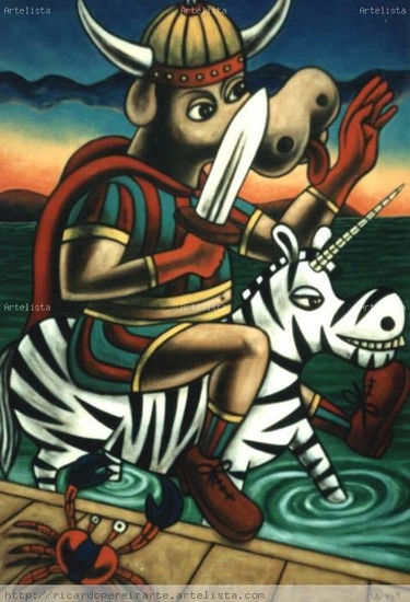 "Os Argonautas" - painel da esquerda  (O Minotauro e o Unicórnio) Cera Tabla Figura