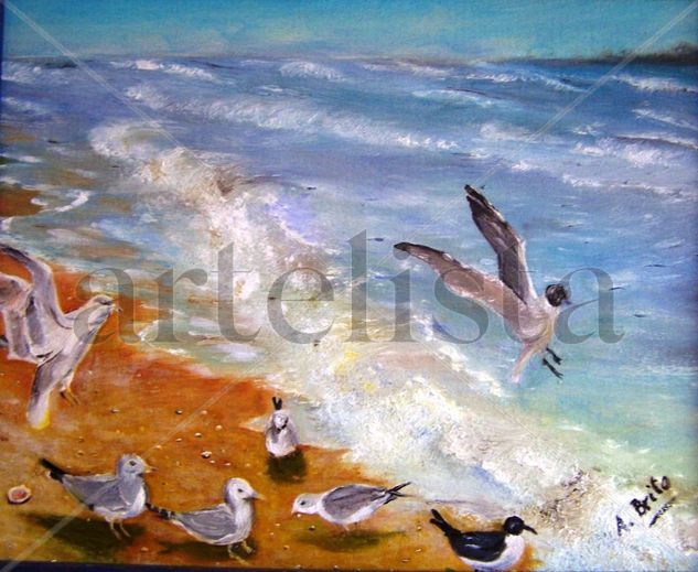 Gaviotas en la playa Oil Canvas Landscaping