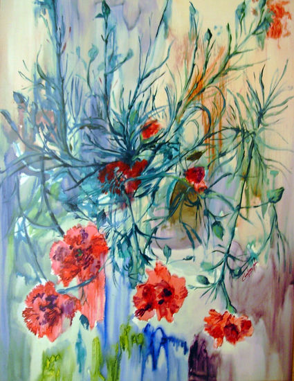 CLAVELES Oil Panel Floral Painting