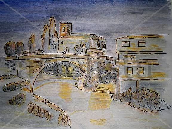 PAISAJE NOCTURNO, PUENTE DE TRILLO. Watercolour Paper Landscaping