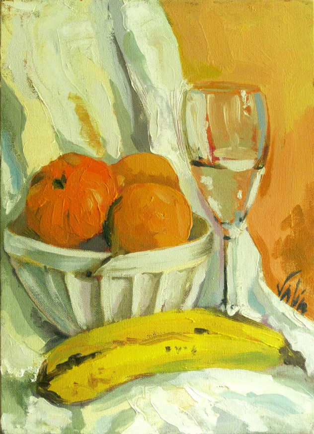 "Bodegón con mandarinas y copa de agua"