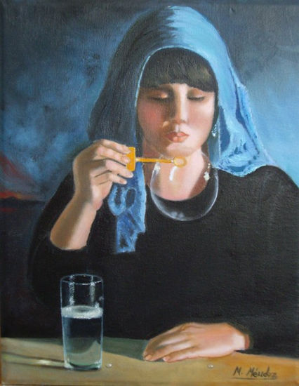 Haciendo pompas de jabón Oil Canvas Figure Painting