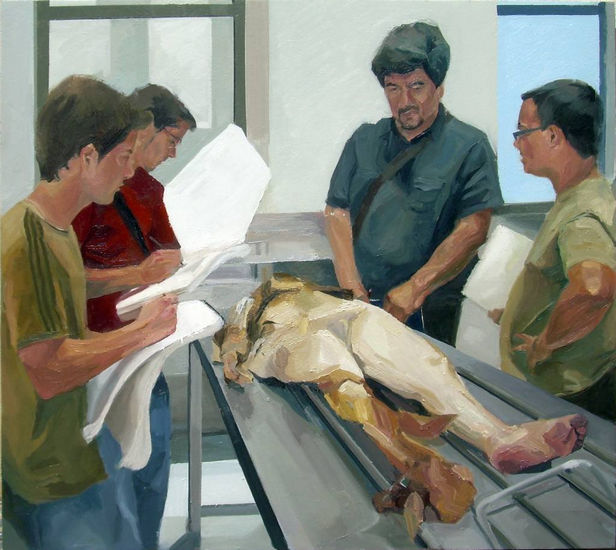 La leccion de anatomia del profesor Alejandro Rodriguez. Oil Panel Figure Painting