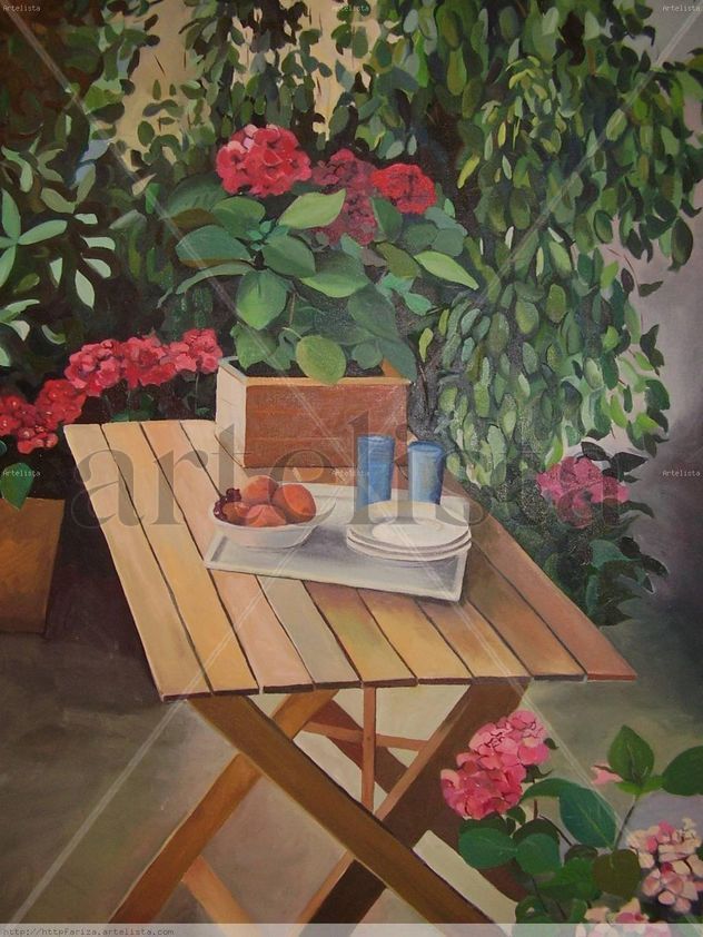 mesa y hortensias