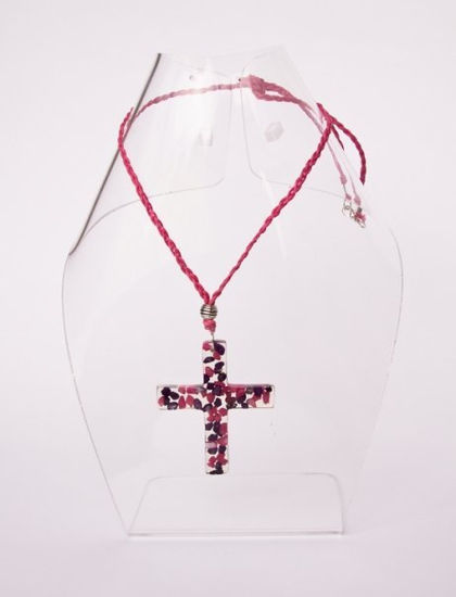 Collar Cruz+ pids. mix morado/fucsia+ cordon trenzado fucsia 