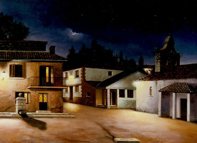 Nocturno del pueblo Óleo Lienzo Paisaje