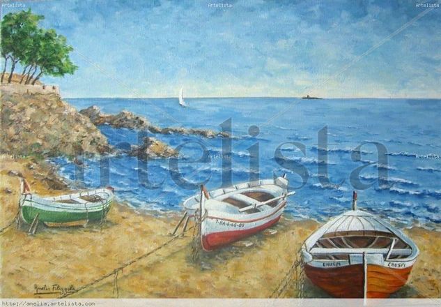 Costa Brava. Barcas Oil Canvas Marine Painting