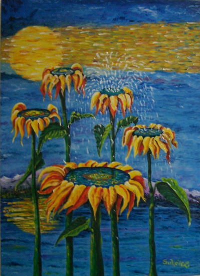 Fuente de girasoles Óleo Lienzo Paisaje