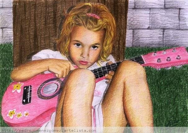 abril y su guitarra Pencil (coloured) Paper Portrait