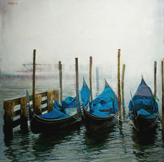 Gondolas en la Niebla Óleo Tabla Marina