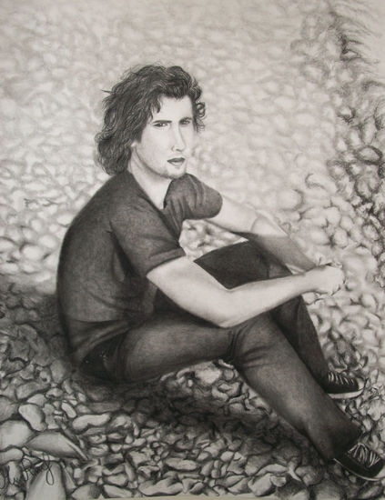 Young man sitting on rocks Charcoal