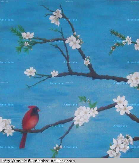 cardenal en el cerezo Oil Canvas Landscaping