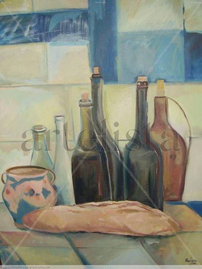 botellas y pan Oil Canvas Still Life Paintings