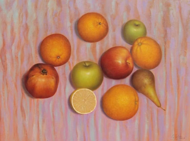 Frutas sobre fondo salmón Oil Panel Still Life Paintings