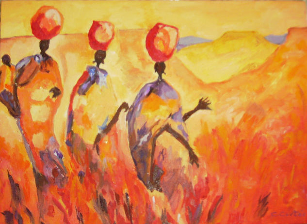 "Three women water pots" Kenya (Africa) Oil Canvas Landscaping