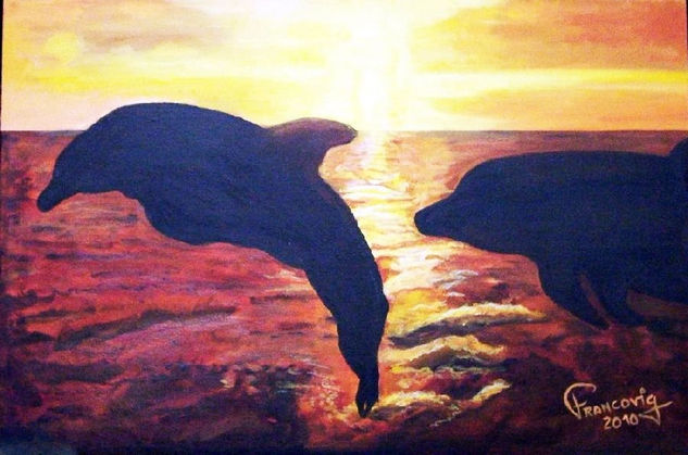 Delfines al atardecer Oil Canvas Animals