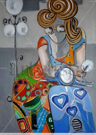 Sara y su vespa Mixed media Canvas Figure Painting