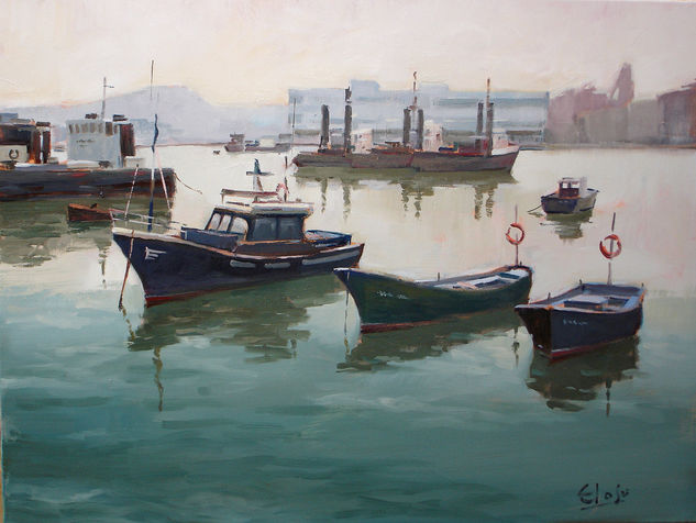 Contraluz en la Dársena Oil Canvas Marine Painting