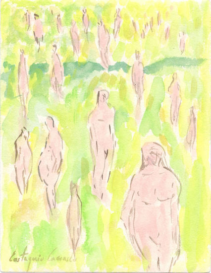 Personajes solitarios en el campo de Gymet Watercolour Paper Figure Painting