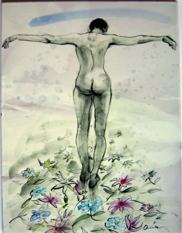 Desnudo de espaldas con flores