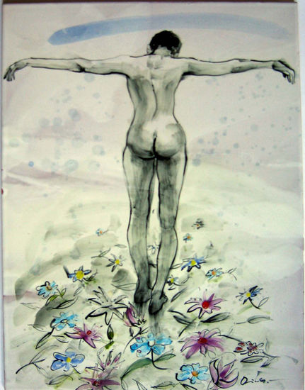 Desnudo de espaldas con flores 