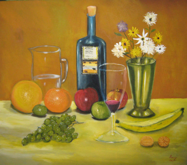 bodegon con manzanas jarra y botella