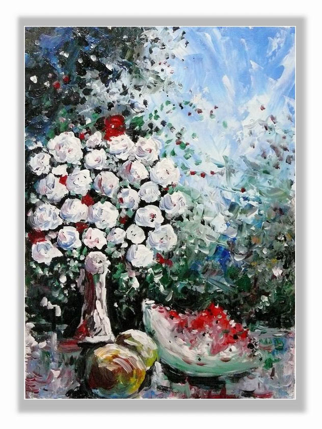 Flores blancas con melón y paisaje