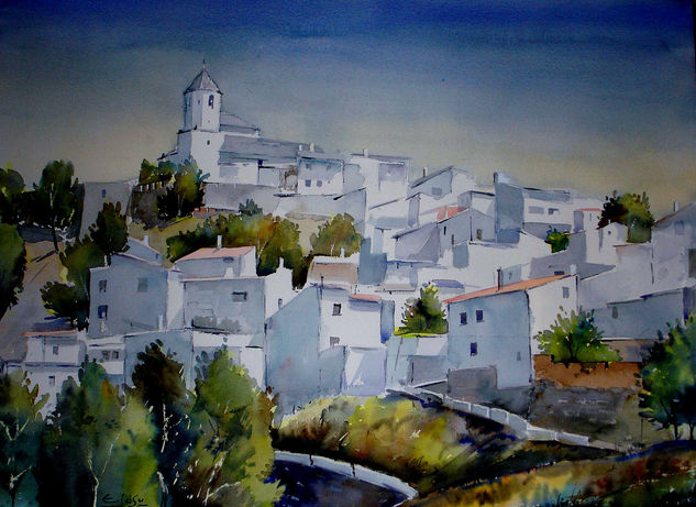 Casas blancas - Alozaina Acuarela Papel Paisaje