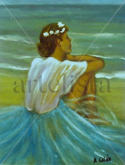 mirando al mar Oil Panel Figure Painting