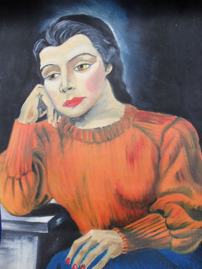 La mujer del sweter Rojo. Óleo Lienzo Retrato