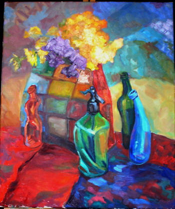 botellas y flores secas