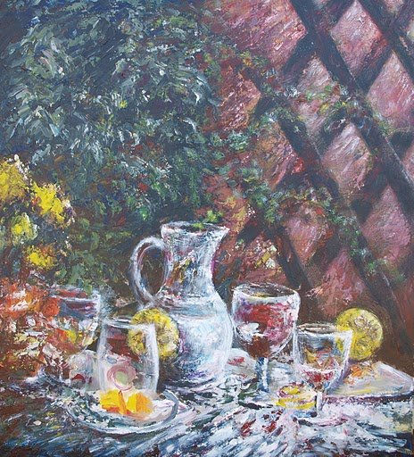 la mesa en el jardin Acrylic Panel Still Life Paintings