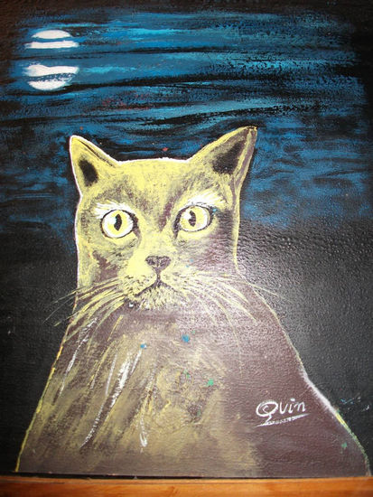 LA LUNA Y EL GATO Acrílico Tabla Animales