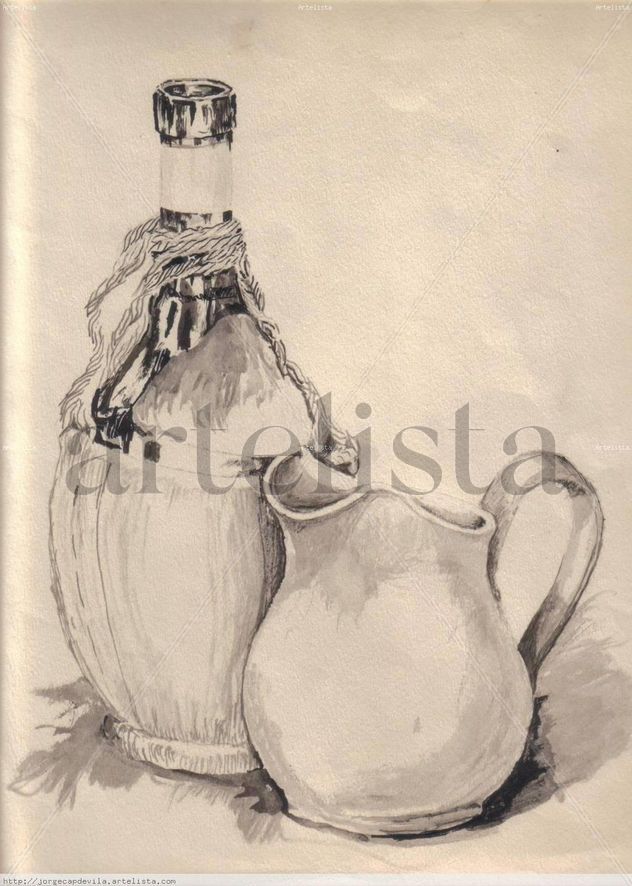 botella y jarra en tinta china