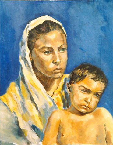 Madre con niño Oil Panel Portrait