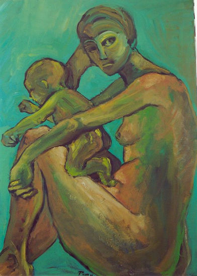 Maternidad en verde Oil Canvas Figure Painting