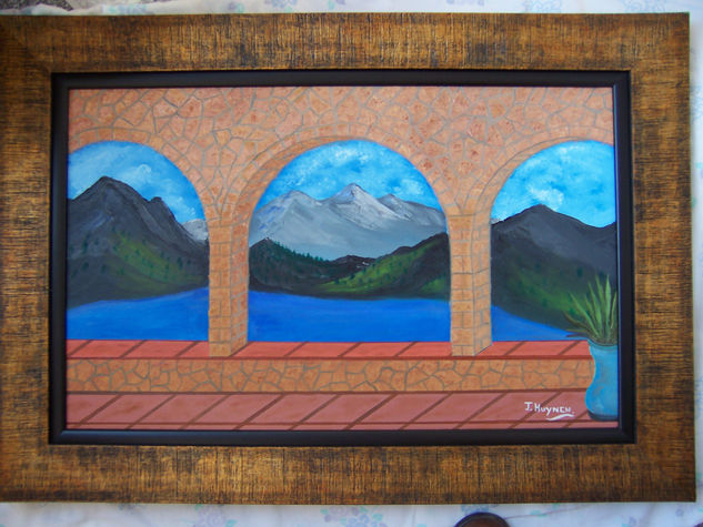 La terraza con vista con lago y su sierras Oil Canvas Landscaping