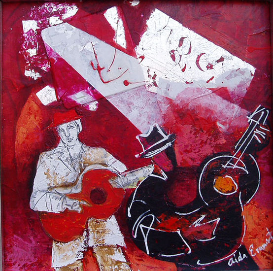 Guitarristas en rojo Oil Panel Figure Painting