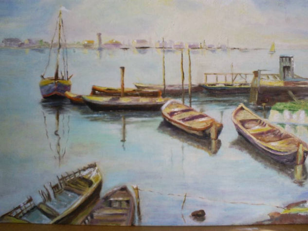 "Quietud en el puerto" Oil Textile Marine Painting