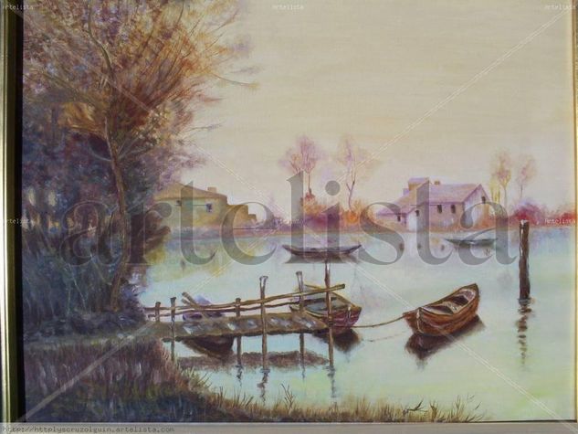 "Atardecer en el Lago" Oil Textile Landscaping