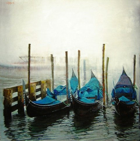 Gondolas en la Niebla Oil Panel Marine Painting