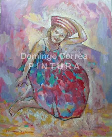 La niña del sombrero de rayas Oil Canvas Figure Painting