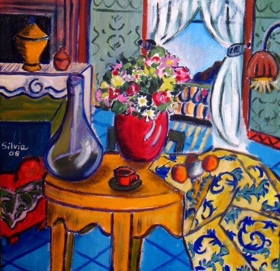 Interior con mesa amarilla Oil Canvas Still Life Paintings