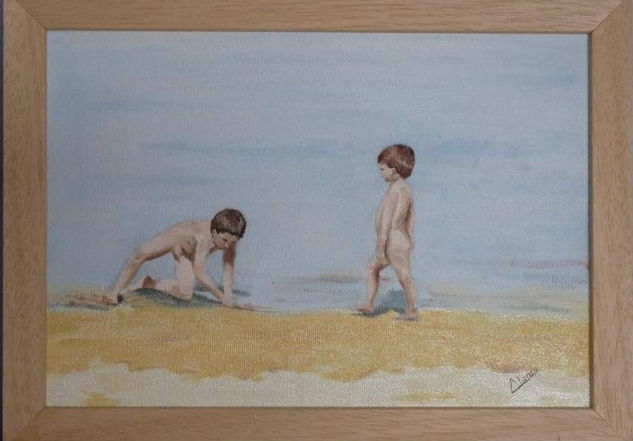 Jugando en la playa- II Oil Canvas Figure Painting