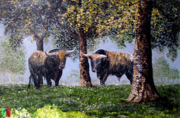 Miuras en la dehesa Oil Panel Animals