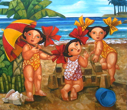 Niñas en la playa Acrylic Canvas Landscaping