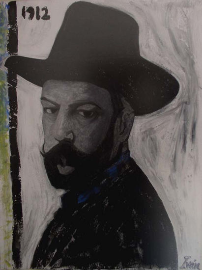 Recreación de AUTORRETRATO CON SOMBRERO de Joaquín Sorolla Gouache Card Portrait